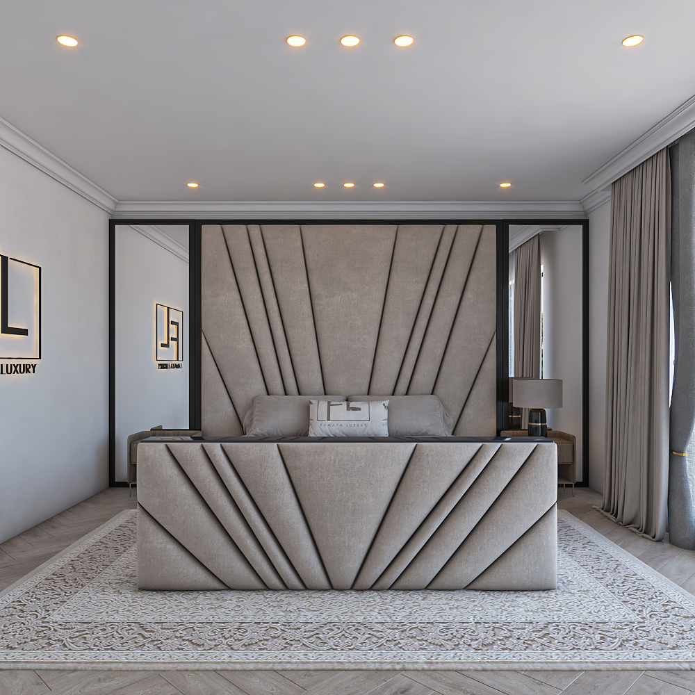 Bedroom with bespoke bed featuring geometric headboard and footboard.