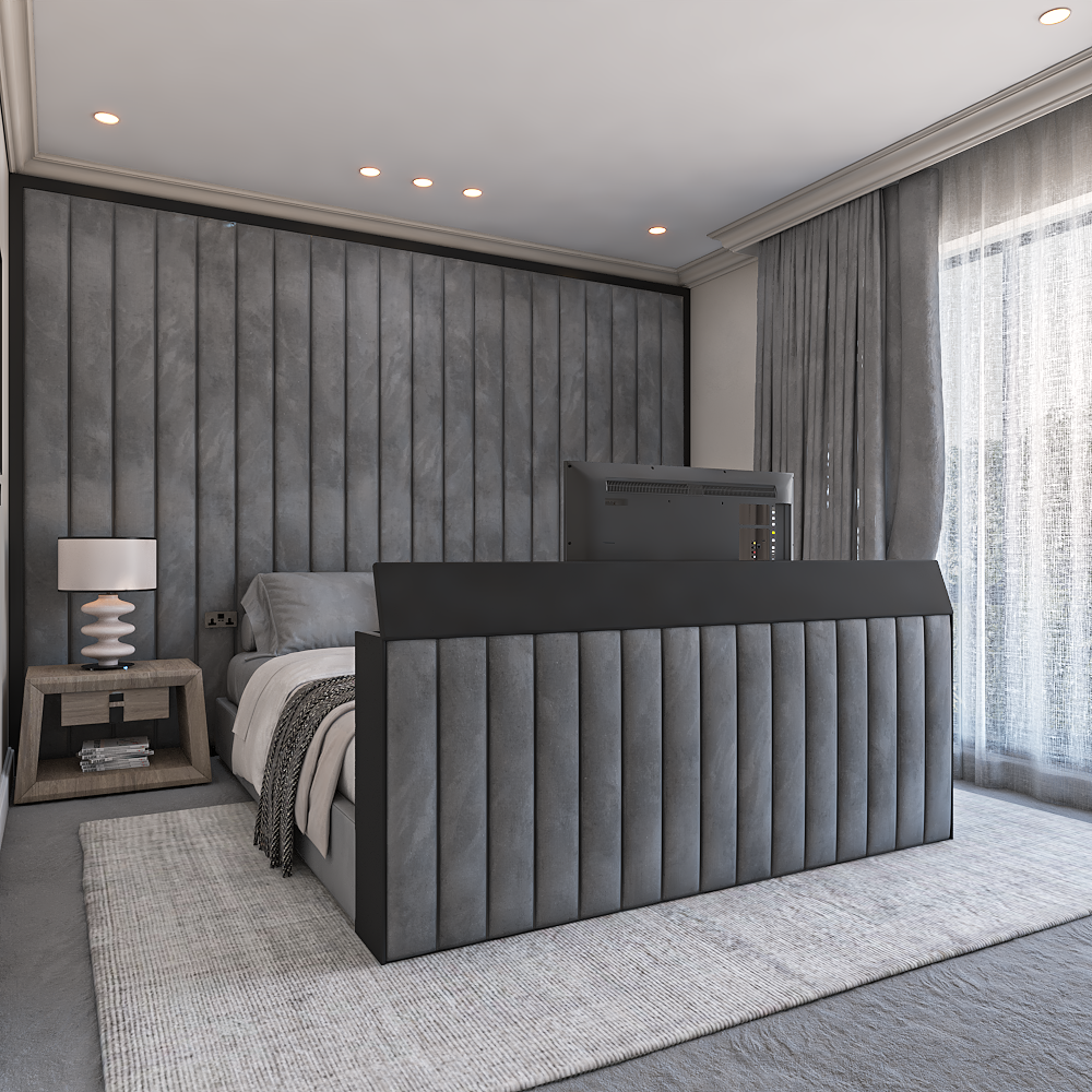 End of Bed TV Stand Buying Guide displays a luxury bedroom with a TV lift stand at the foot of the bed for hidden viewing
