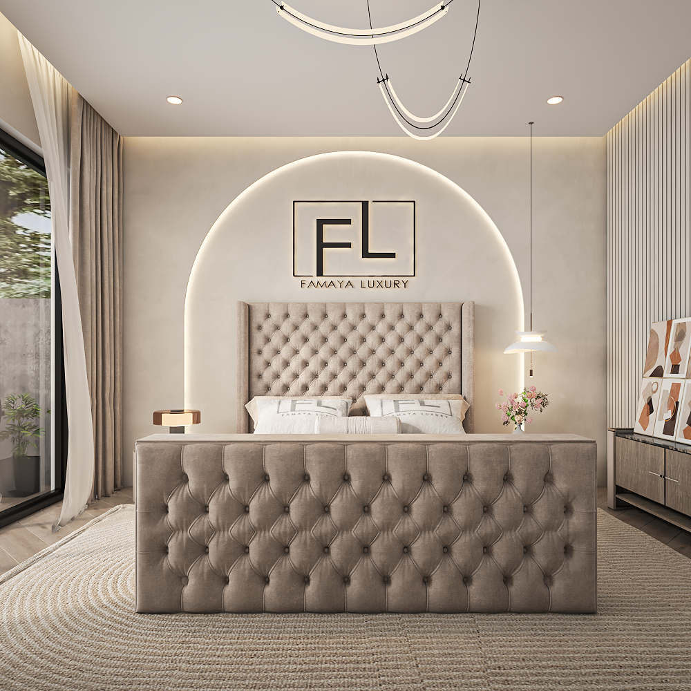 End of Bed TV Stand vs TV Bed Frame geometric upholstered TV bed with built in screen and contemporary wall panels.