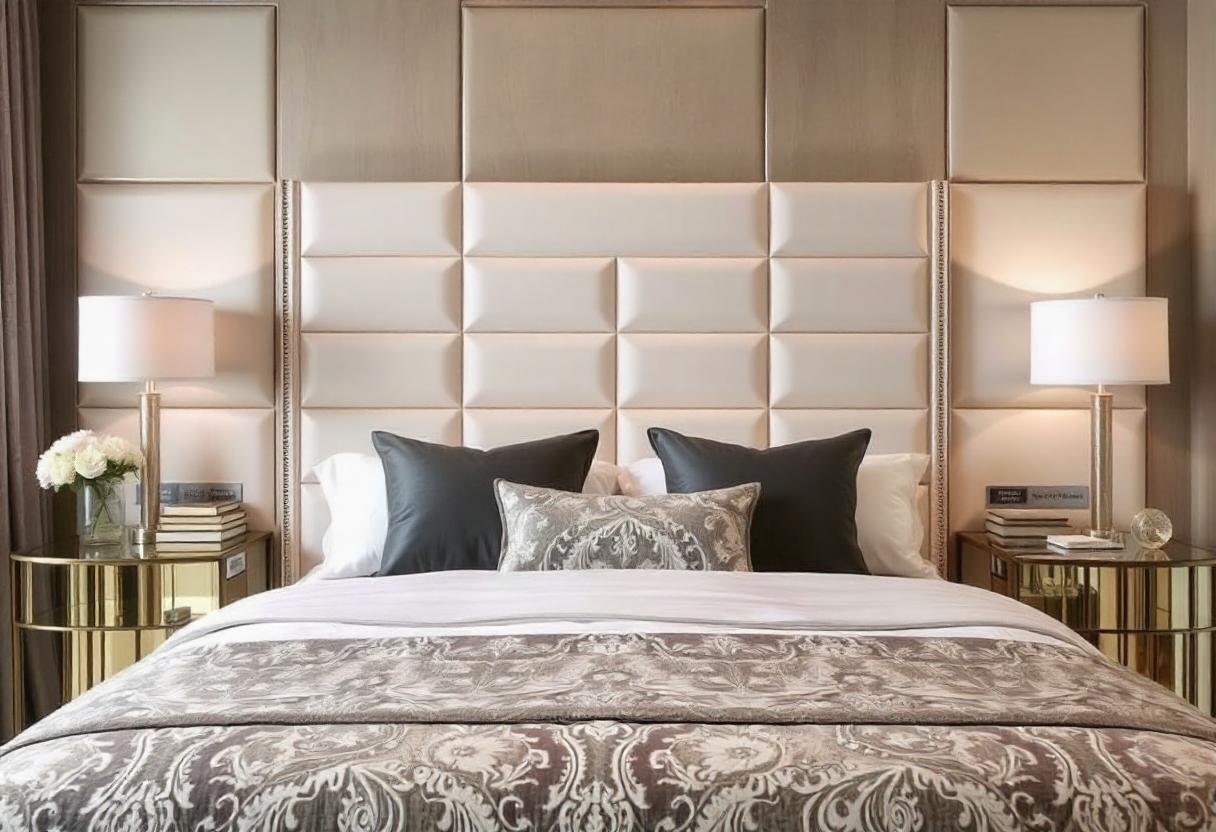 Bedroom with a padded beige floor-standing headboard and mirrored bedside tables with lamps.
