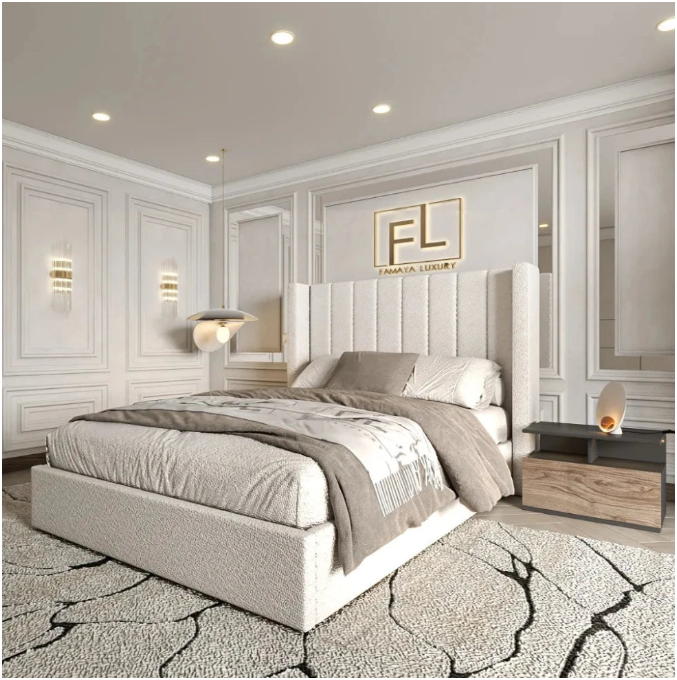 Luxurious bedroom with a king-size bed with mattress and modern decor.