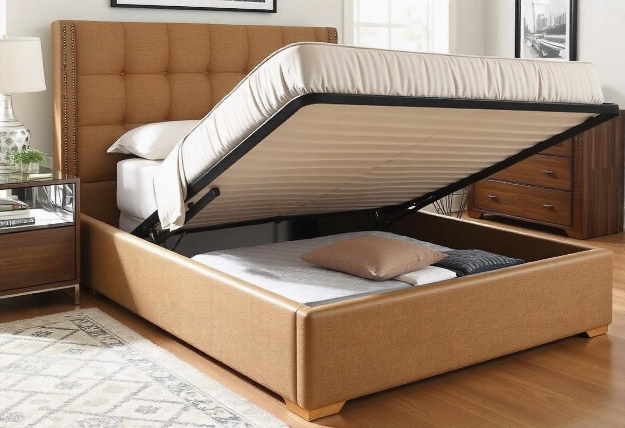 King-size storage bed with beige upholstery and open mattress revealing storage beneath.