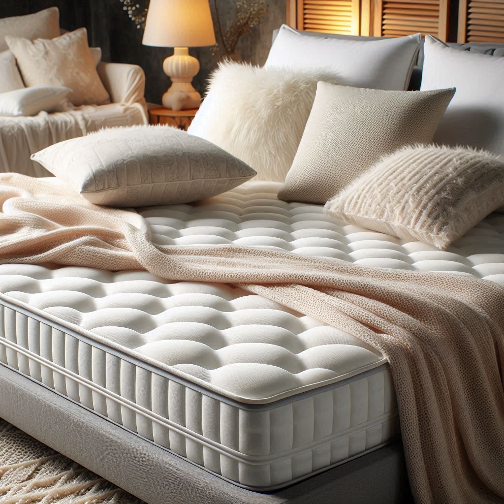 The image shows a bed with white pillows. It is a photo related to indoor furniture and bedding, focusing on the white pillows on the bed with memory foam mattresses.