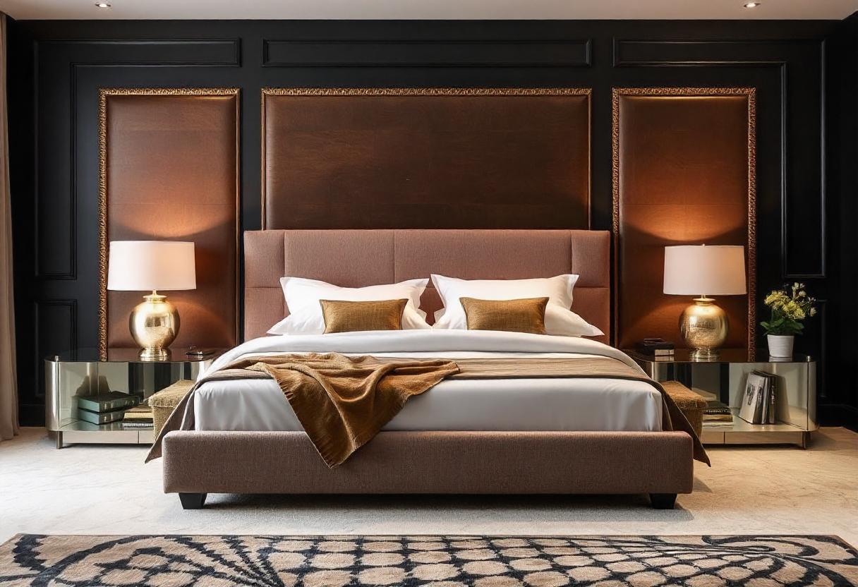 The image is of a bed with a large headboard in an indoor setting, possibly in a hotel or bedroom. The room features various elements like bedding, bed sheet, duvet cover, mattress, and other furniture such as a nightstand and lampshade.