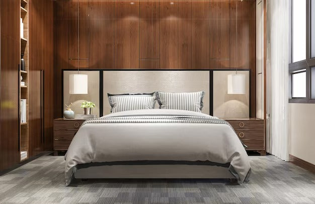 Modern bedroom with a pine double bed frame, wooden accents, and light gray decor.