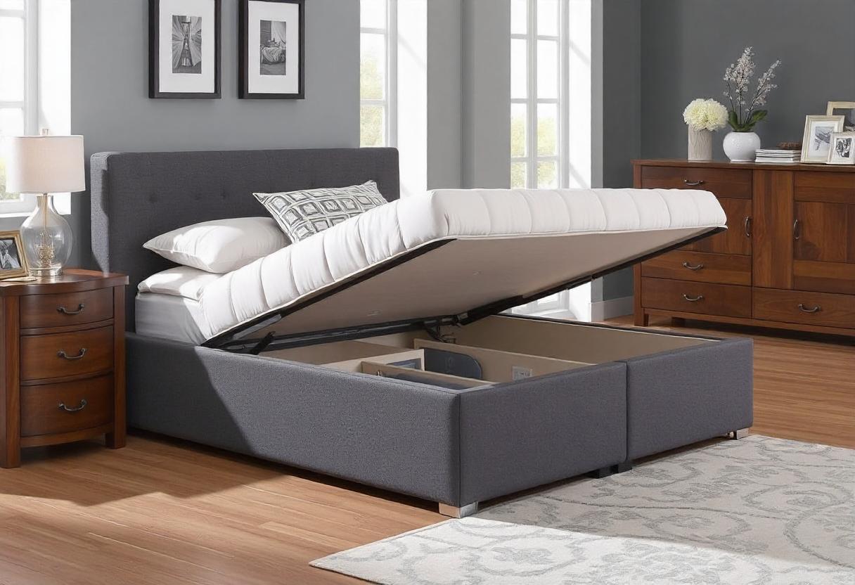 A grey upholstered single divan bed with storage underneath, in a modern bedroom.