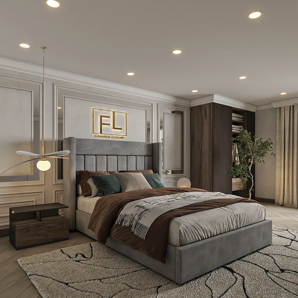 Luxury side view of upholstered bed in warm bedroom highlighting single ottoman bed weight and lift capacity for comfort