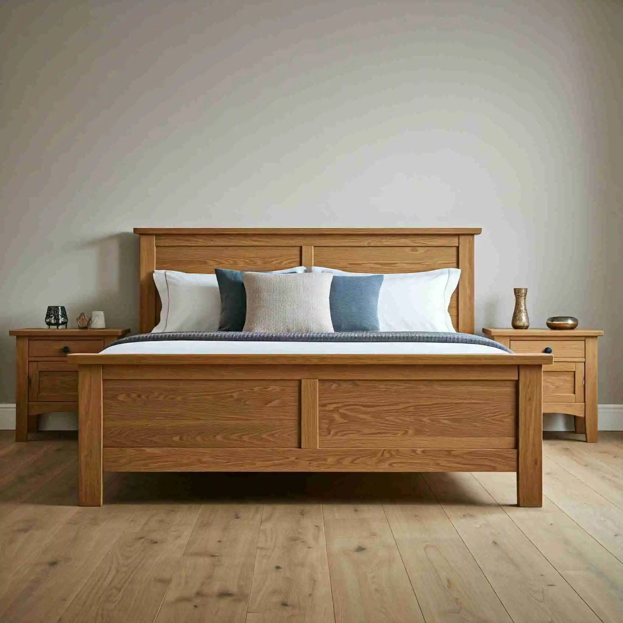 Super king wooden bed frame with a side table is a luxurious addition to master suites.