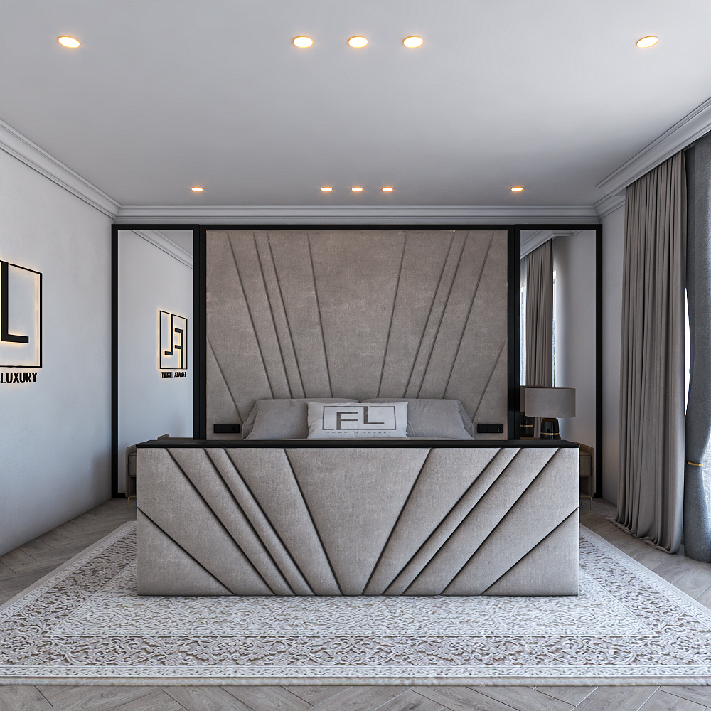 Elegant bedroom featuring modern TV lift bed with geometric detailing and hidden foot end screen.
