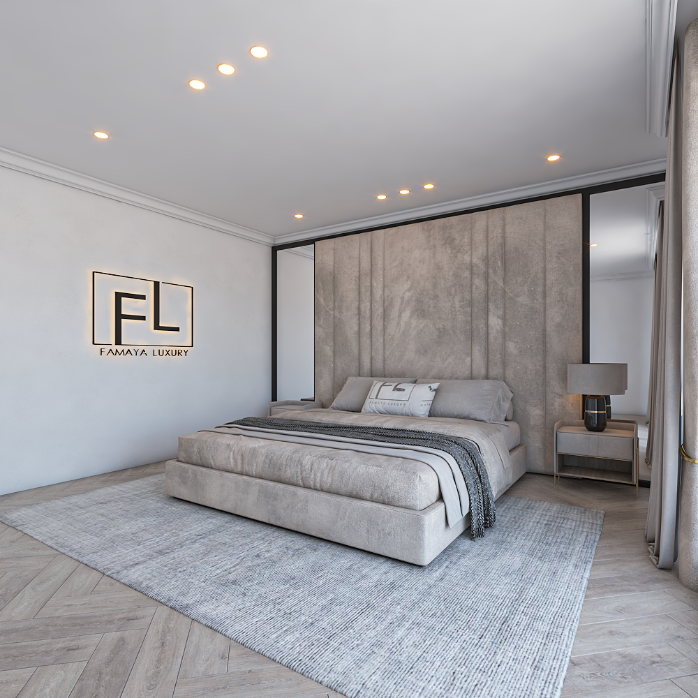 Contemporary bedroom with a single bed frame type, gray bedding, and minimalist decor, including a logo reading "Famaya Luxury."