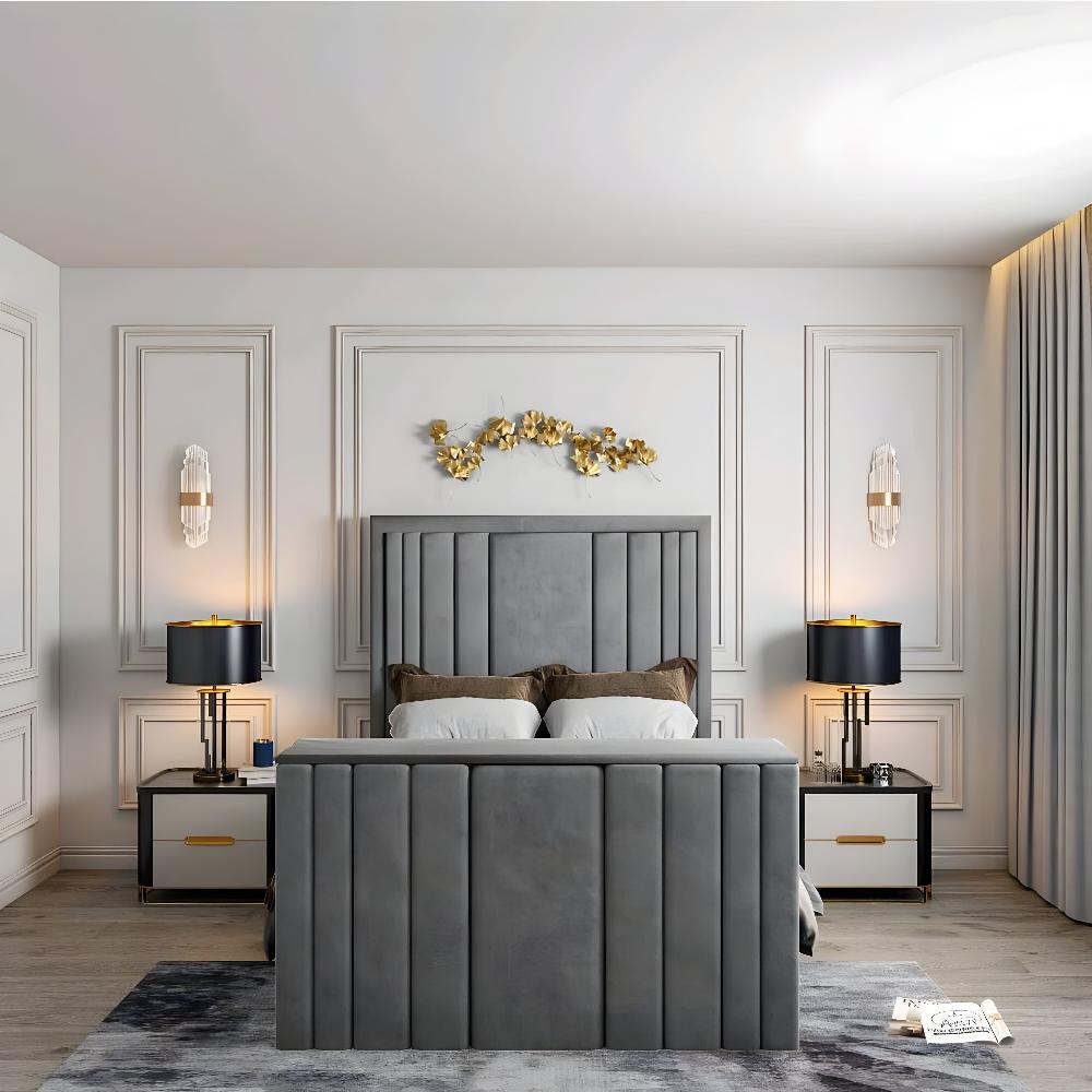 Modern bedroom with a gray upholstered Alexander TV bed and decorative elements.