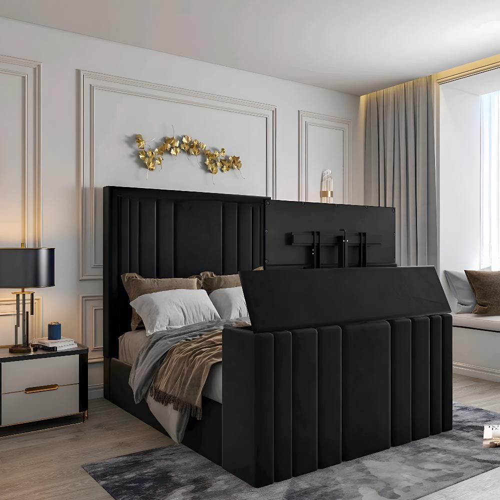 A modern bedroom with a black upholstered Alexander tv bed featuring a TV mechanism at the footboard.