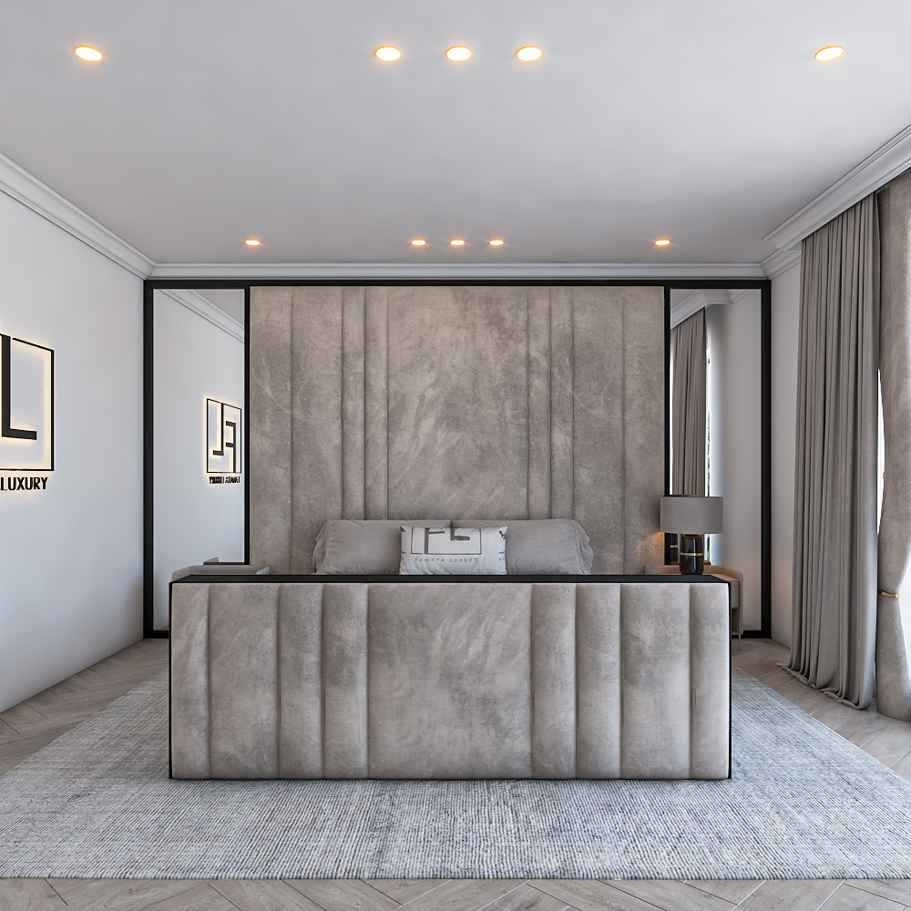 Luxury upholstered TV bed with tall padded headboard, soft beige fabric and elegant modern bedroom styling