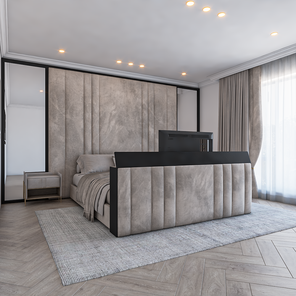 High-foot TV bed featuring plush upholstery, vertical panel headboard and premium luxury bedroom finish