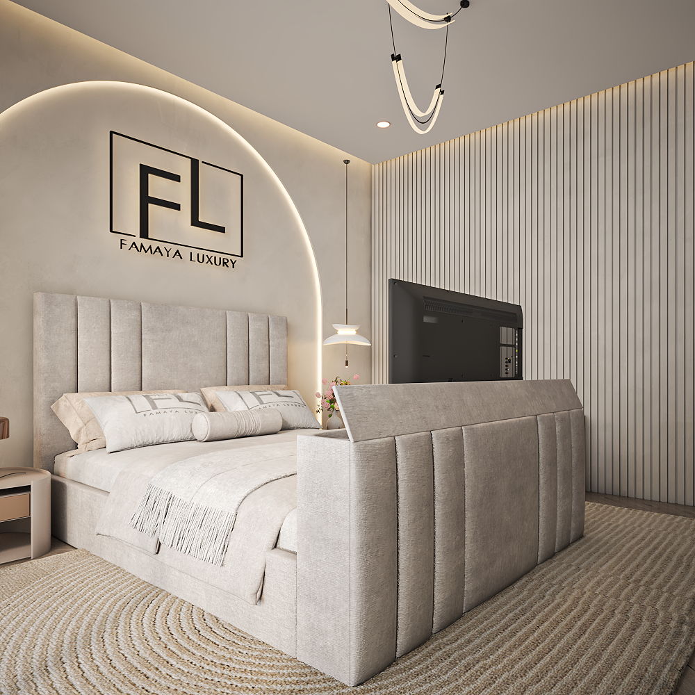 Aragon imperial grey fabric bed frame with padded headboard and elegant bedroom décor