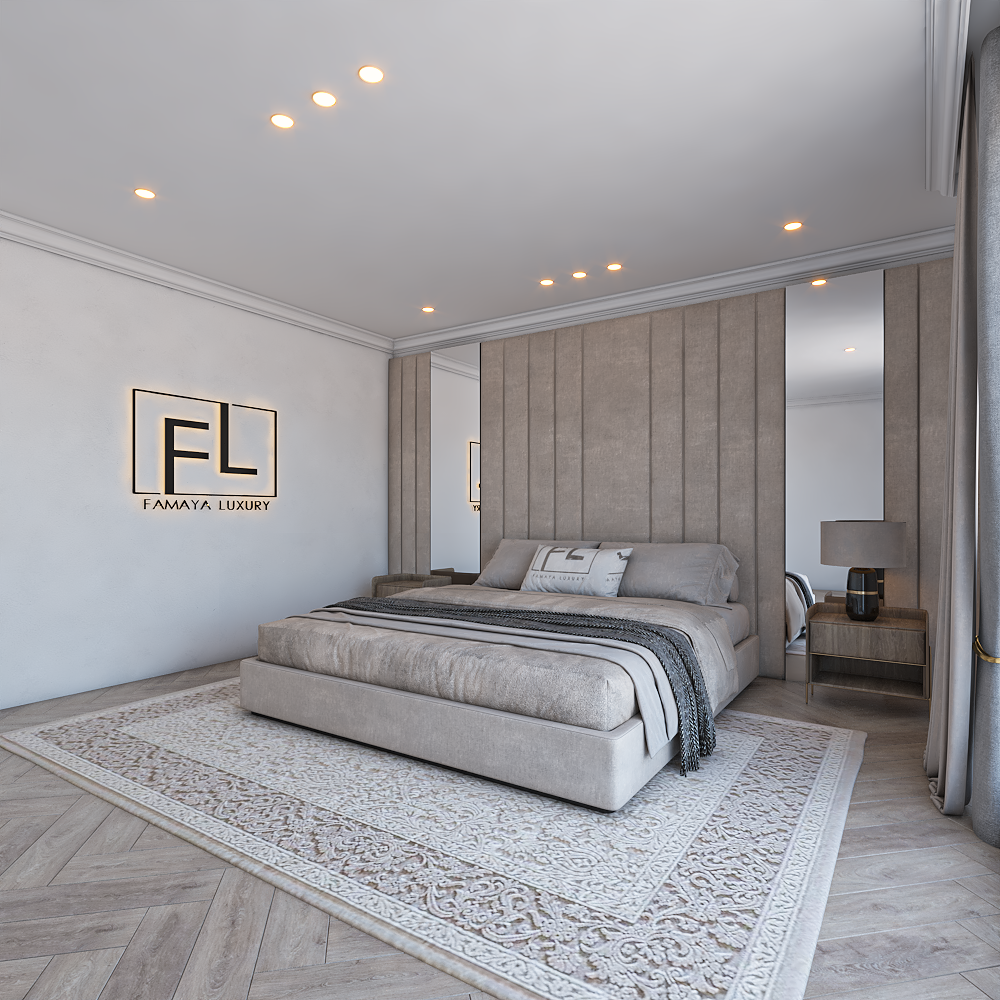 Luxurious bedroom with a large gray celestial wall panel bed and elegant decor.