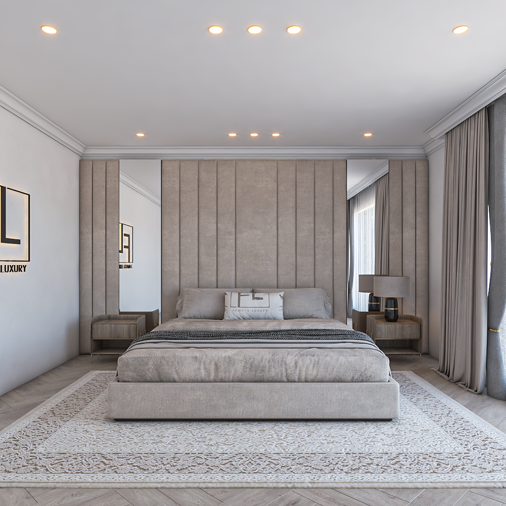 Modern bedroom with a gray Celestial Wall panel Bed, wall panel headboard, and matching nightstands.
