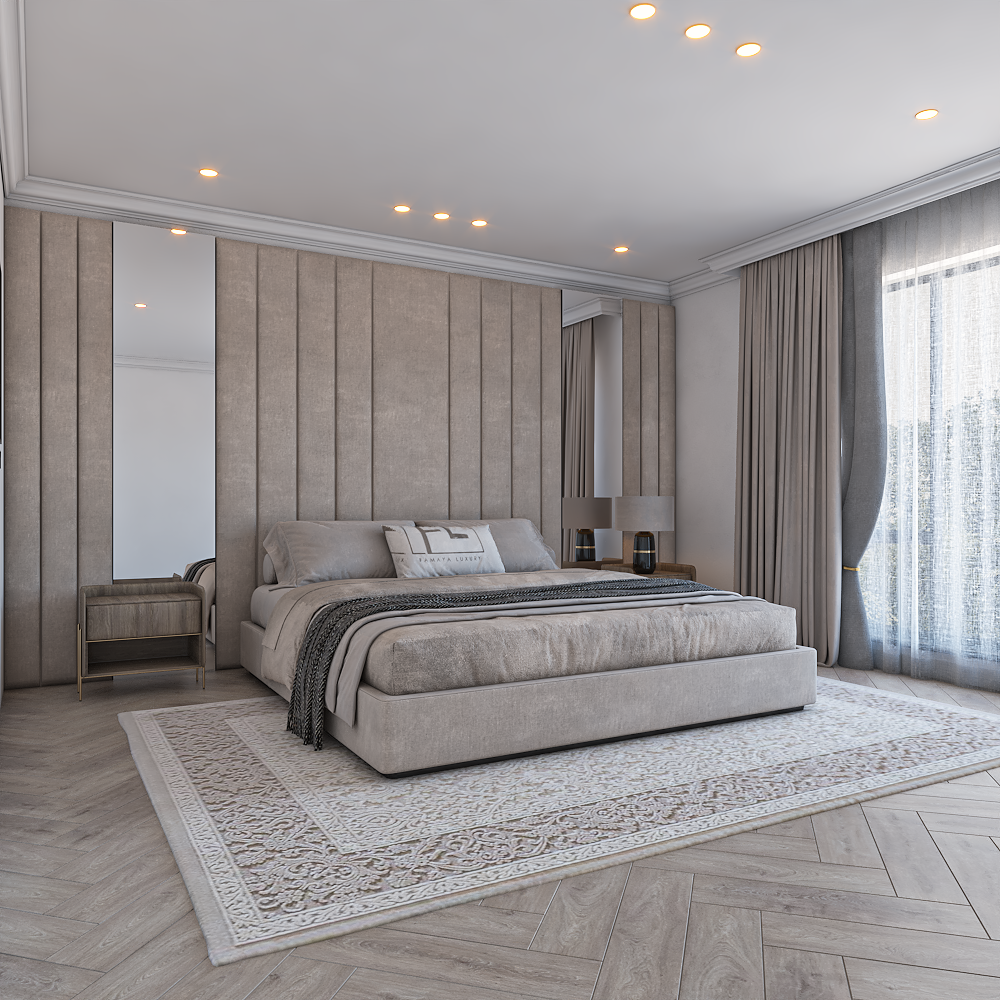 Elegant bedroom with a large Celestial Wall panel Bed and a floor-to-ceiling window.