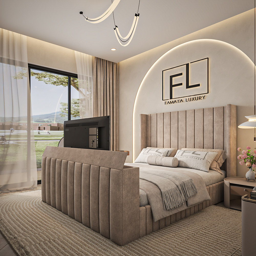 Elara wingback beige fabric bed frame with vertical panels in a stylish contemporary bedroom.
