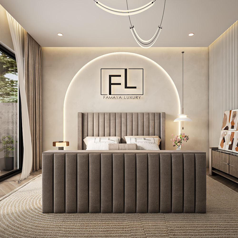 Larissa wingback luxury upholstered bed with tall panel headboard in a modern neutral bedroom.