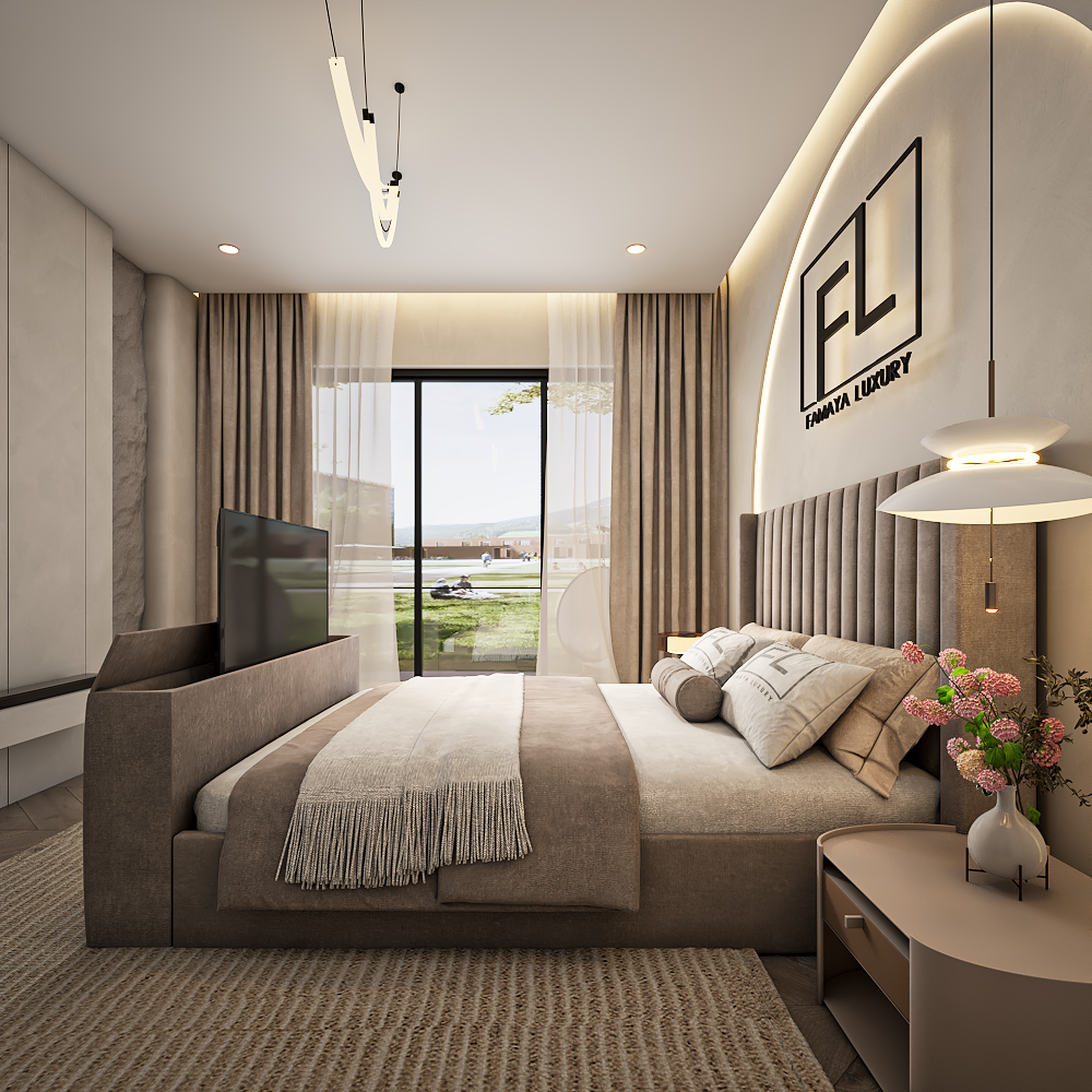 Larissa wingback modern bed with soft fabric finish and stylish luxury bedroom setting.