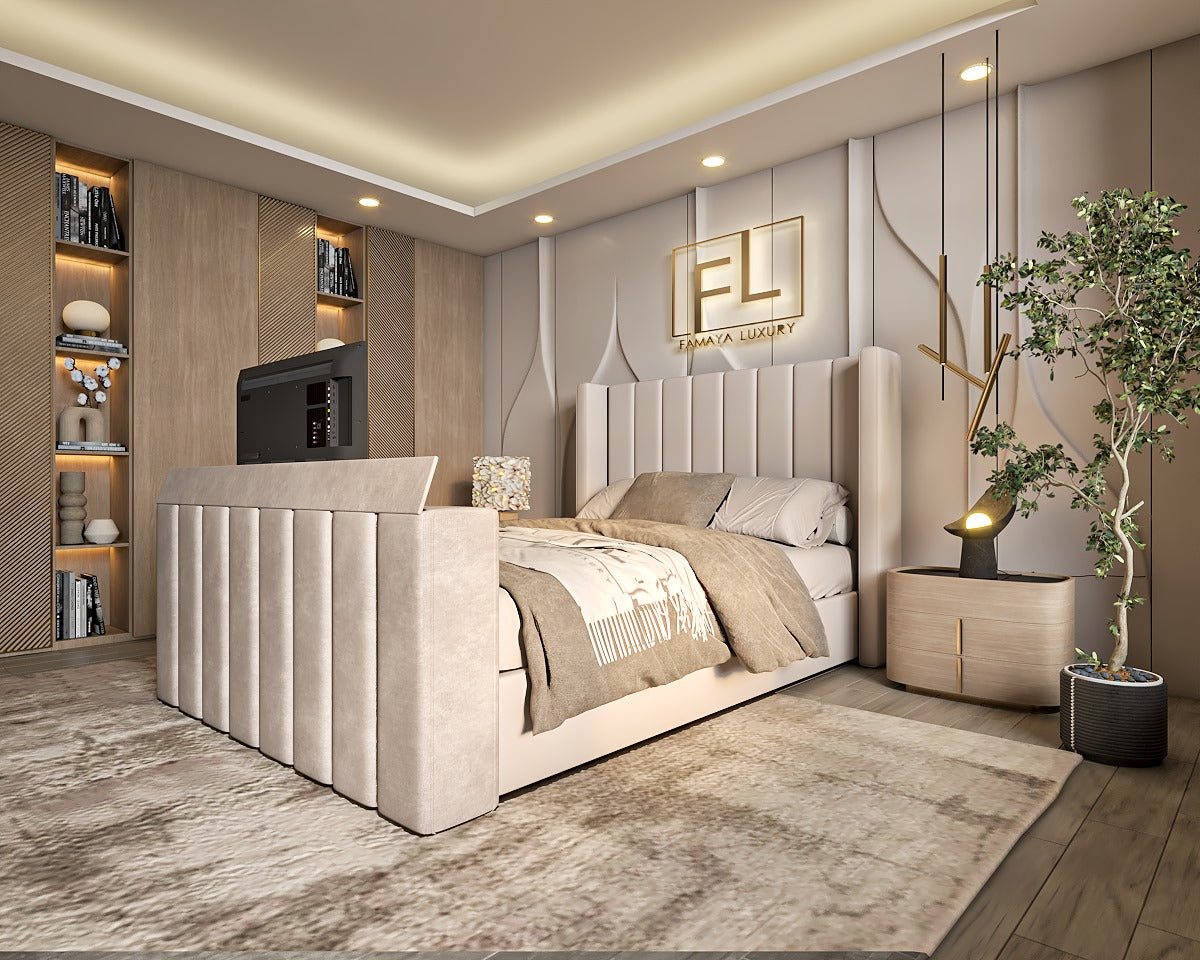 Modern bedroom with a Larossa Wing Back TV bed frame in cream fabric, featuring a retractable TV, neutral bedding.