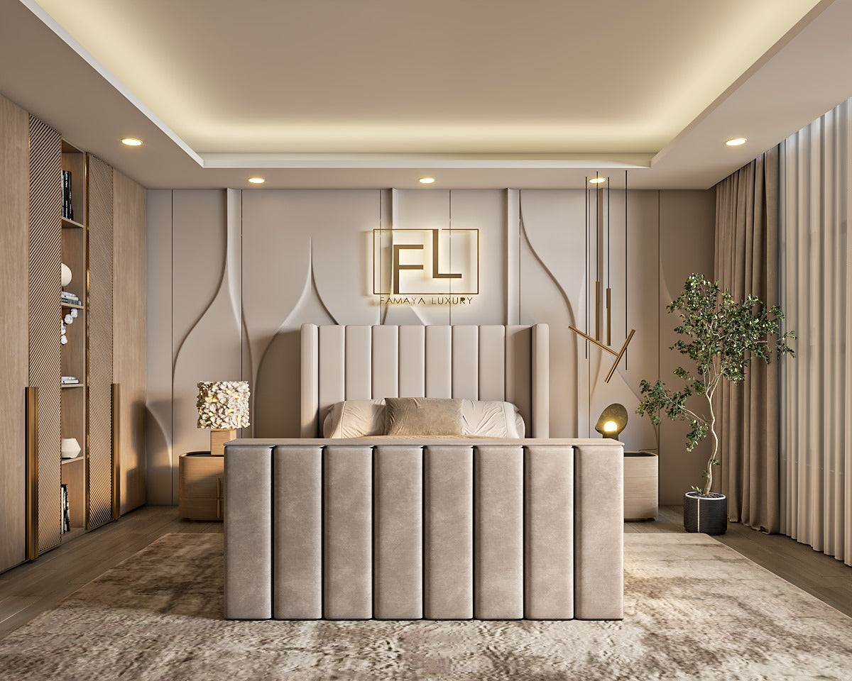 Modern bedroom with a Larossa Wing back TV bed, decorative wall paneling, and ambient lighting.