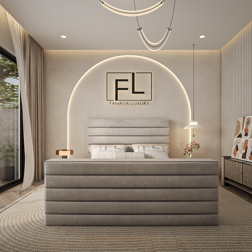 Lavor prestige luxury upholstered bed with modern panel headboard in a stylish neutral bedroom.