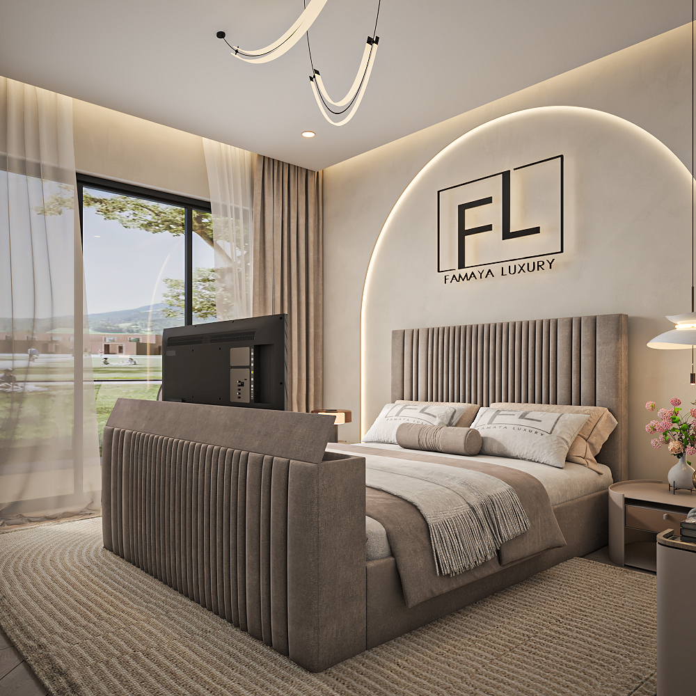 Luxuria tv bed luxury panel bed with soft fabric finish and stylish contemporary bedroom setting.