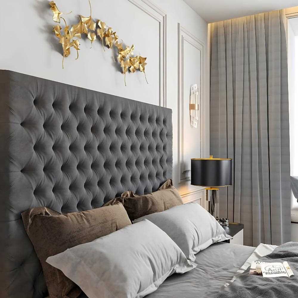 The image depicts a Mini Chester TV Bed Frame featuring tufted headboard and elegant bedroom decor.