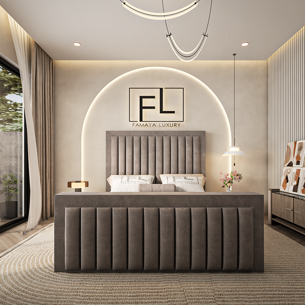 Recency tv bed brown upholstered frame with tall panel headboard in a modern neutral bedroom setting UK