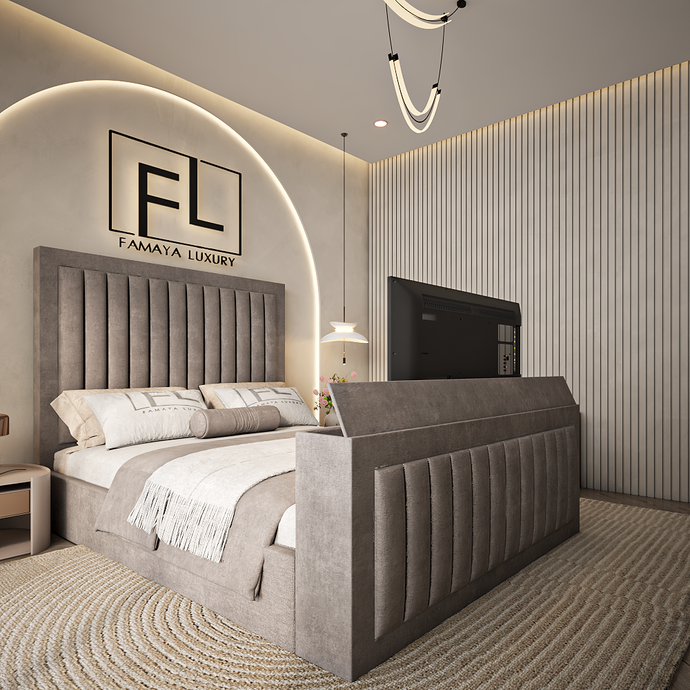 Recency tv bed luxury upholstered bed frame with vertical panels and soft fabric finish in UK bedroom.