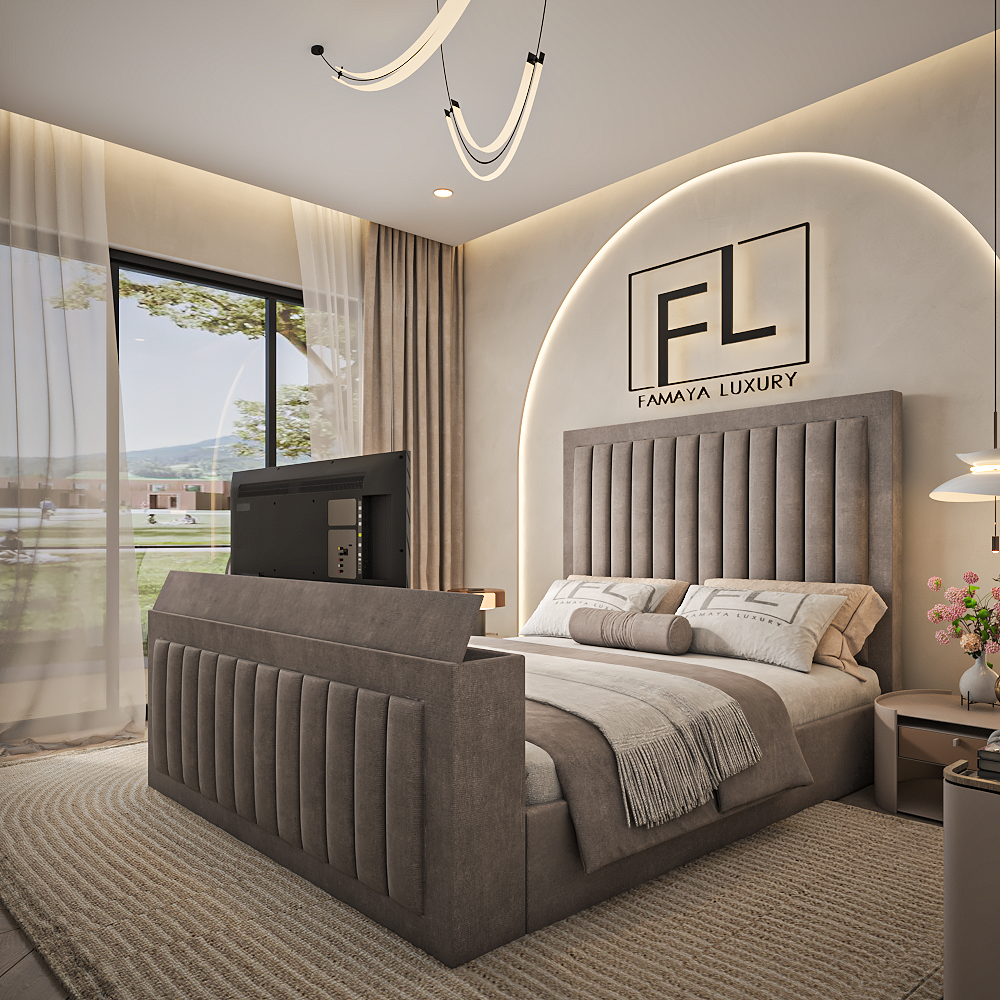 Recency tv bed modern platform bed with padded headboard and elegant décor in a bright UK bedroom.