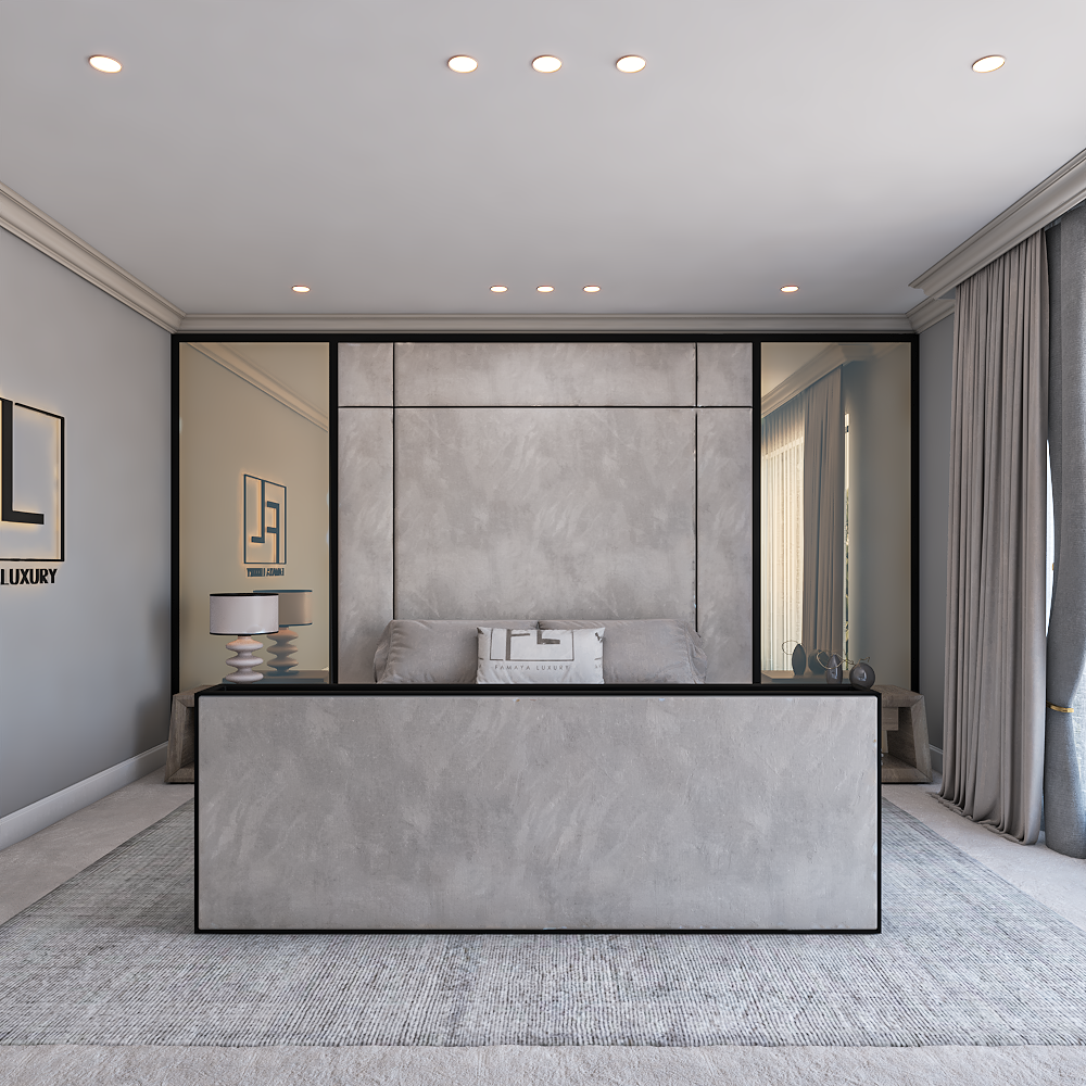 Luxury upholstered Savoiy TV Foot bed with smooth grey panel footboard, modern bedroom setting and soft neutral décor