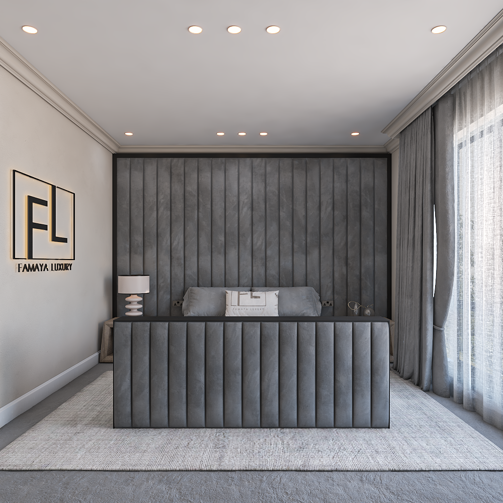 Luxury grey upholstered TV bed with vertical panel footboard and matching headboard in a modern bedroom setting