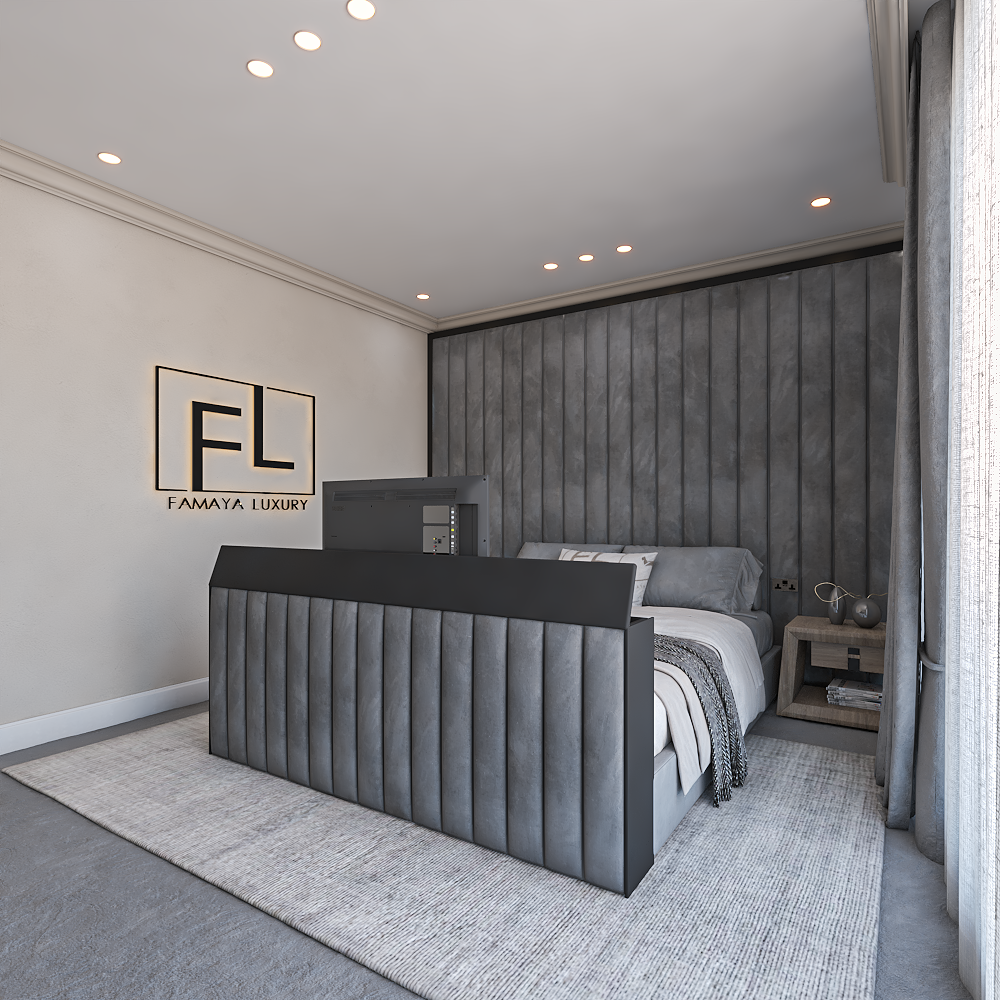 Elegant grey TV bed with upholstered footboard, soft vertical panels and contemporary bedroom styling