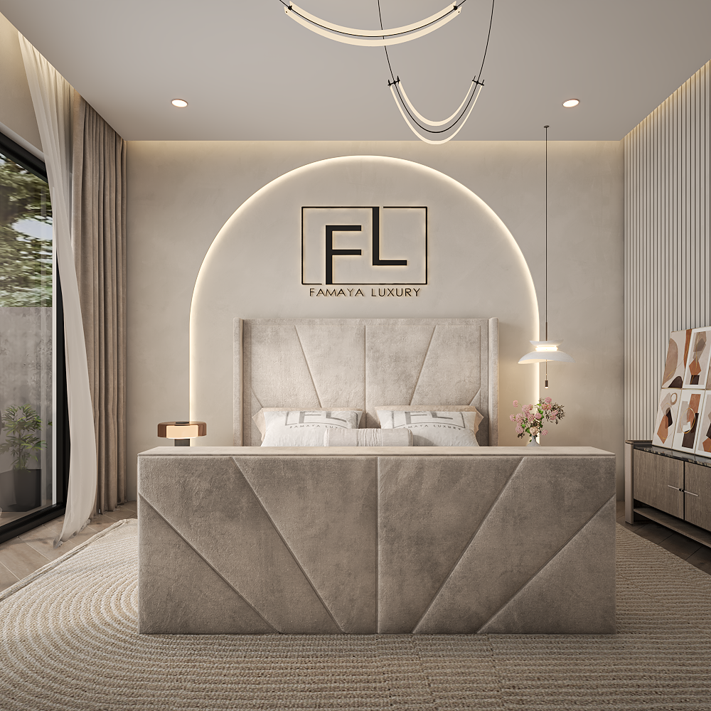 Sunrise tv bed with beige upholstered frame and geometric panel headboard in a modern luxury bedroom