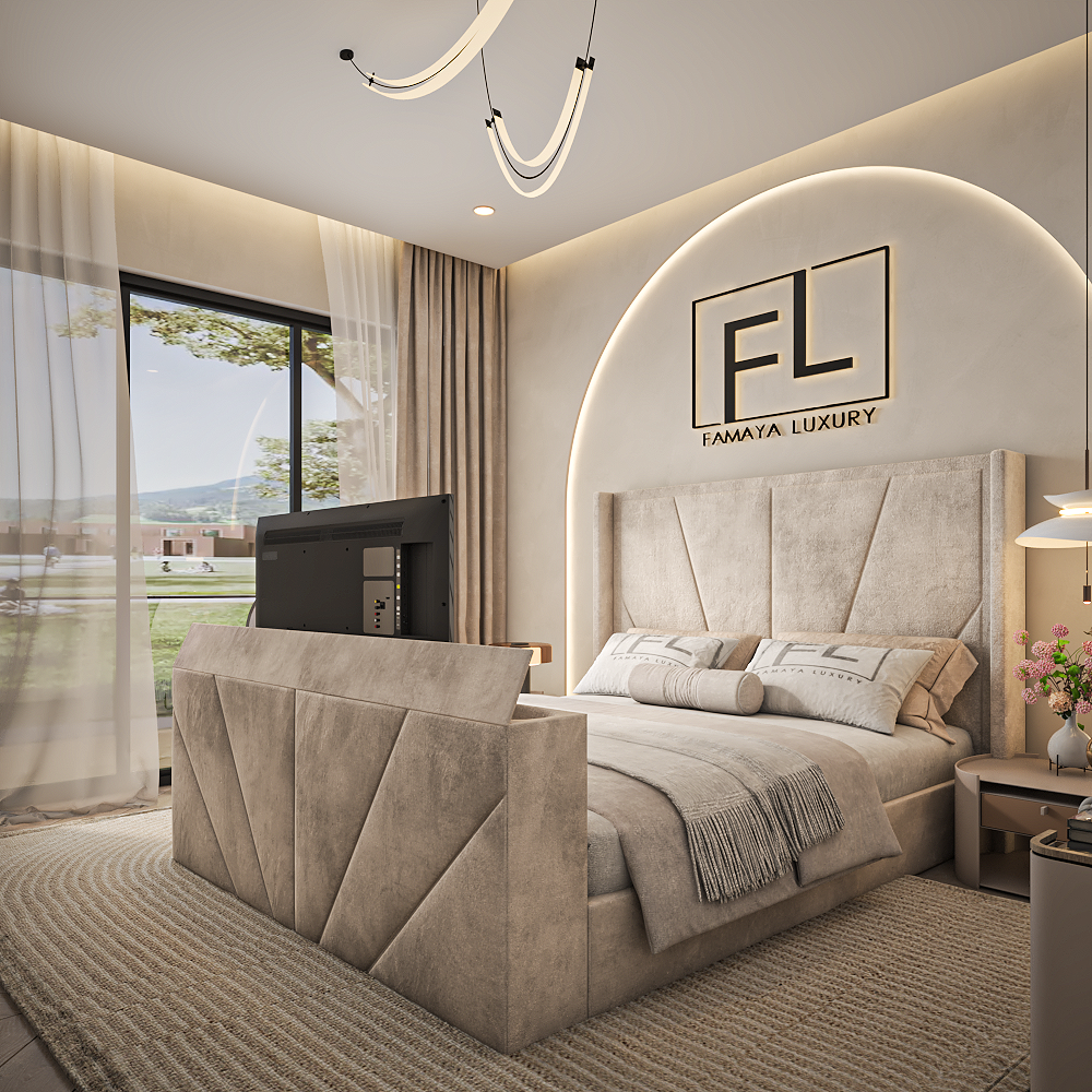 Sunrise tv bed luxury panel bed frame with premium fabric finish in a stylish contemporary bedroom