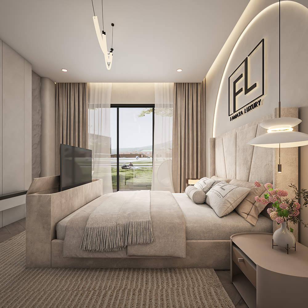 Sunrise tv bed upholstered bed showcasing geometric design and elegant modern interior style.