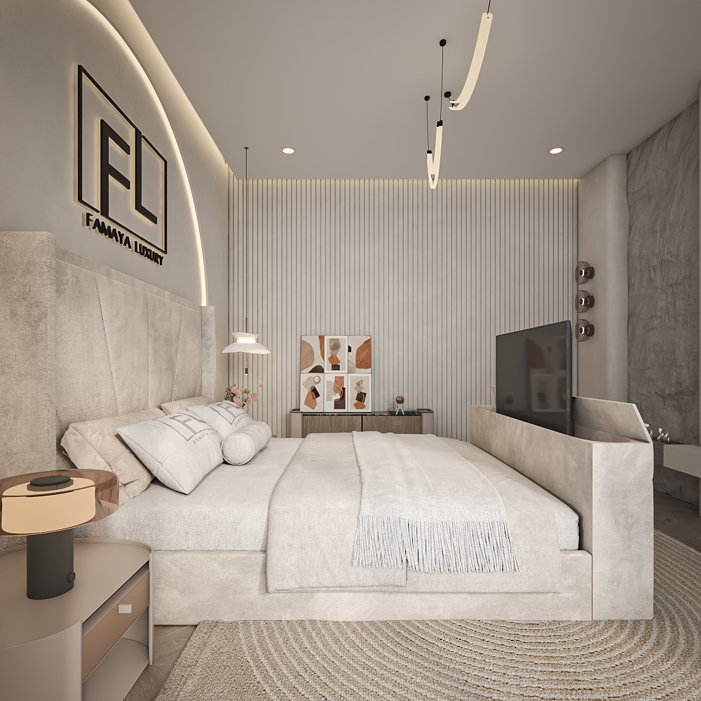 Sunrise tv bed contemporary luxury bed frame with padded panels in a bright modern bedroom.