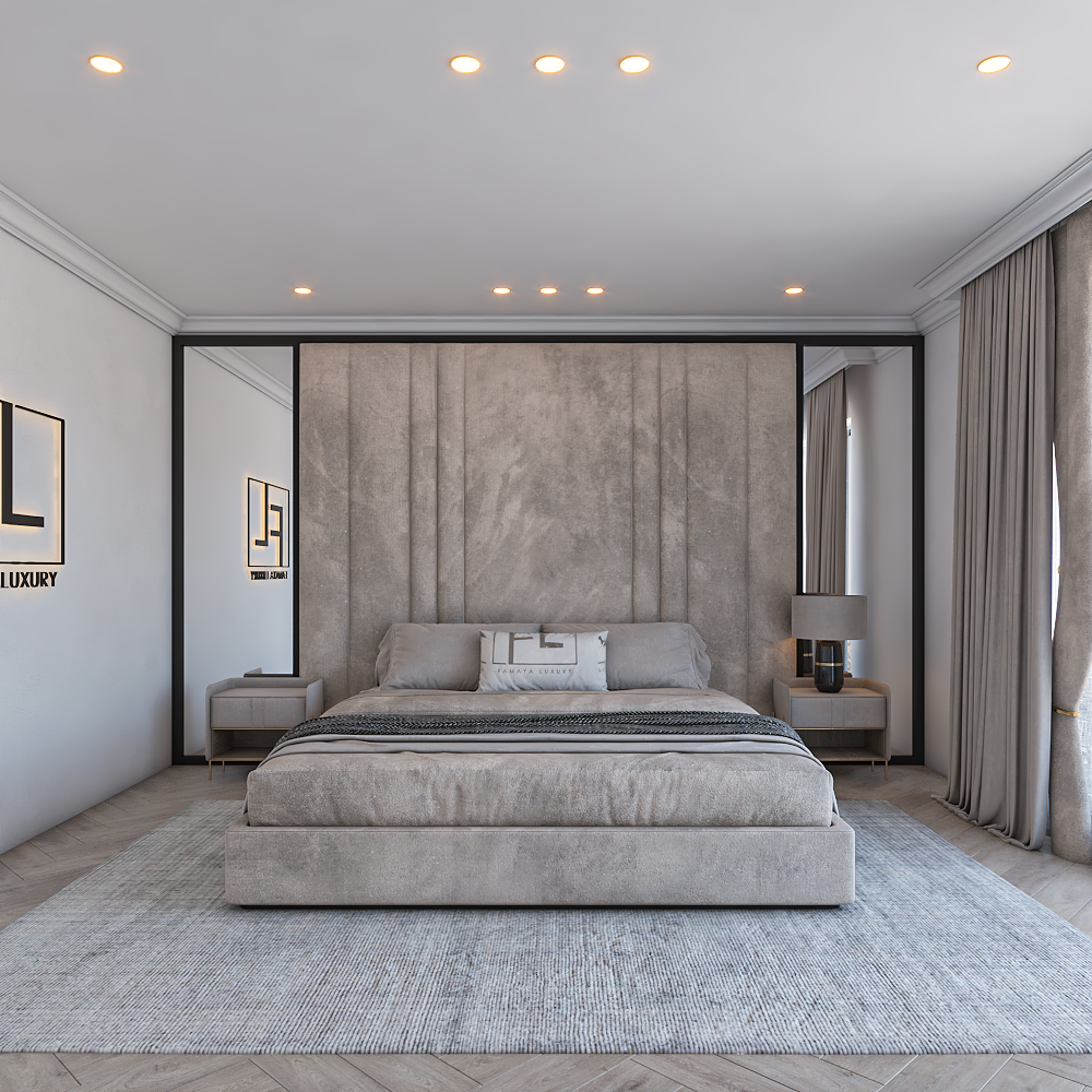 Modern bedroom with a the alexander low base panel bed frame, vertical paneled wall, and matching nightstands with lamps.