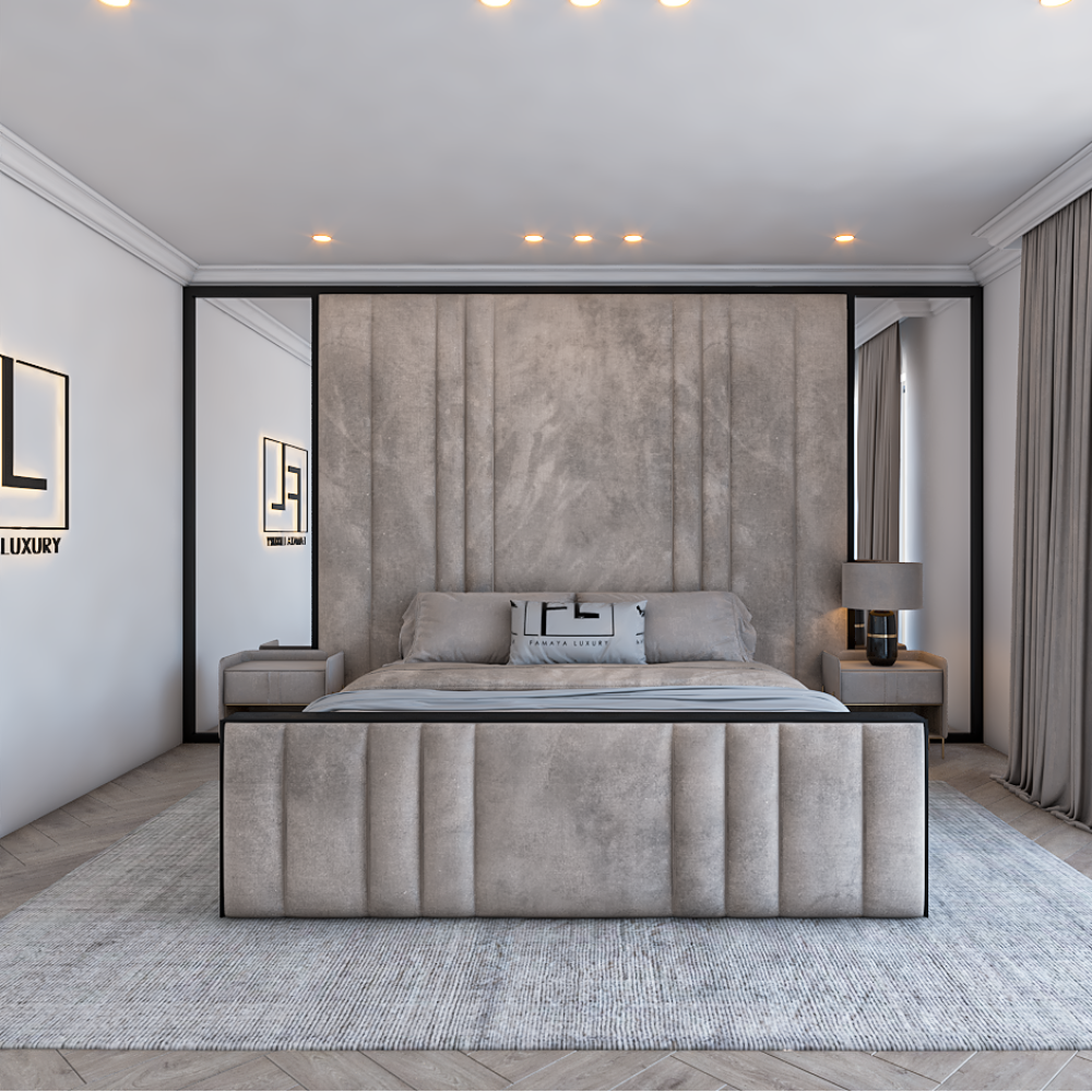 Luxurious bedroom with a gray bed, The Alexander High Foot End Wall Panell, and modern decor.