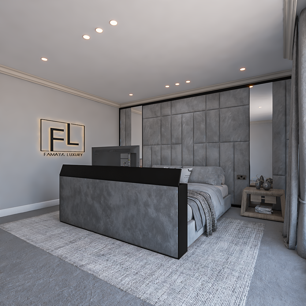 Experience the elegance of modern design with 'The Atlantis TV Foot End.' This luxurious bedroom features a minimalist aesthetic, combining sleek lines and a soothing color palette for ultimate relaxation.