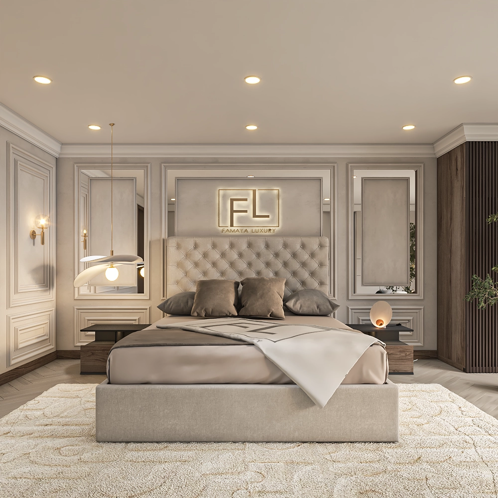Luxurious bedroom with a Belmontbed frame , beige tufted headboard, and "FAMAYA LUXURY" logo.