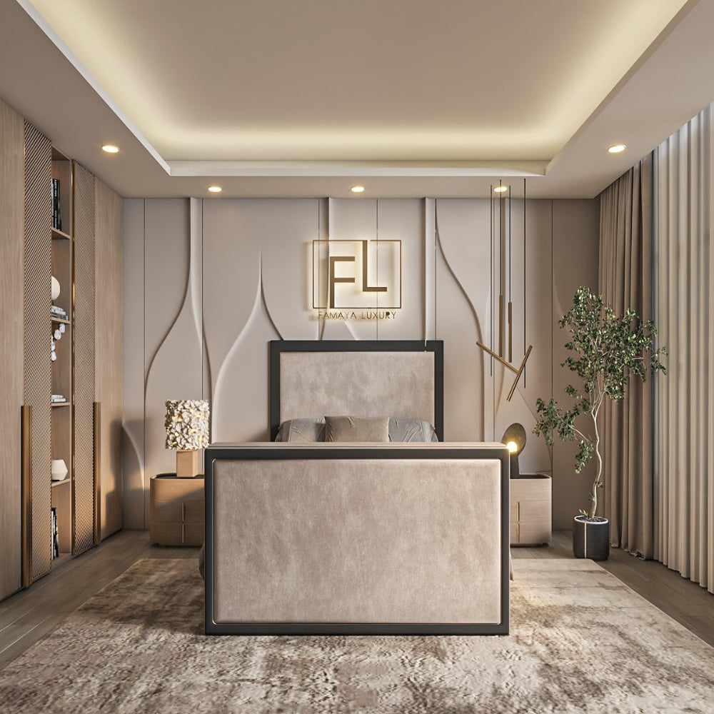 Luxurious bedroom with a Blanco TV bed Frame, geometric wall design, and elegant lighting.