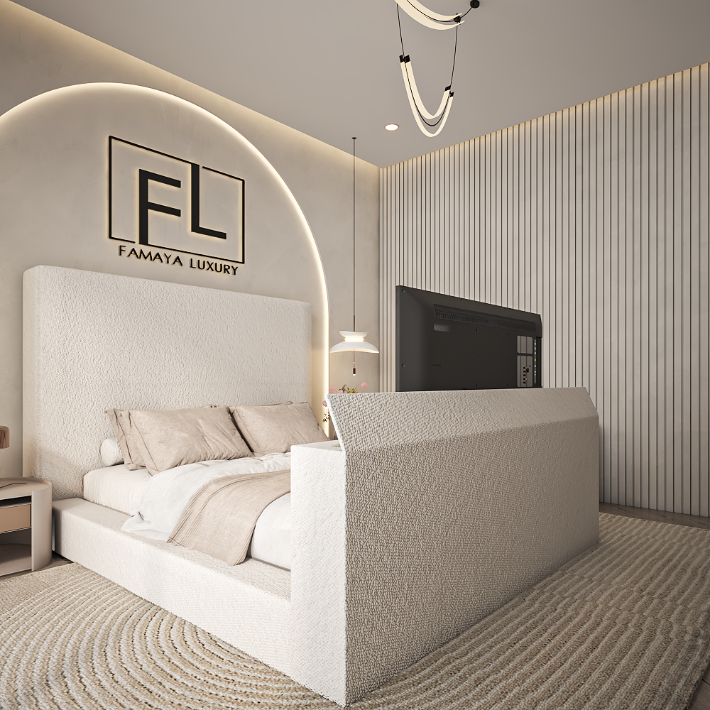 Cameron Cloud TV Bed featuring plush fabric finish, minimalist headboard, and elegant contemporary bedroom style.