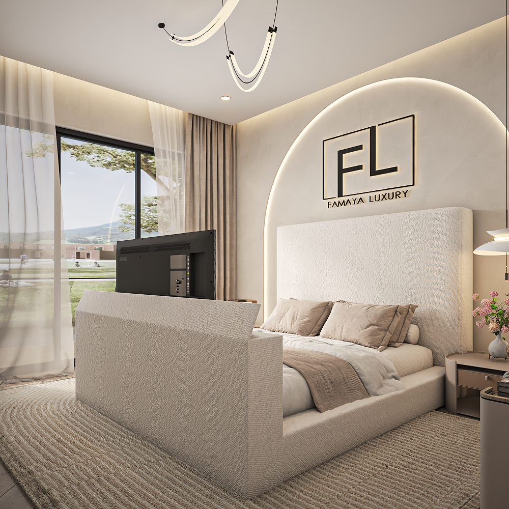 Cameron Cloud TV Bed in premium upholstery with smooth base design and stylish modern luxury bedroom setting.
