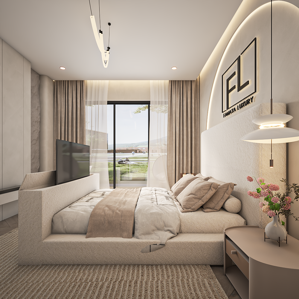 Cameron Cloud TV Bed showcasing clean lines, soft textured fabric, and high-end modern bedroom décor.