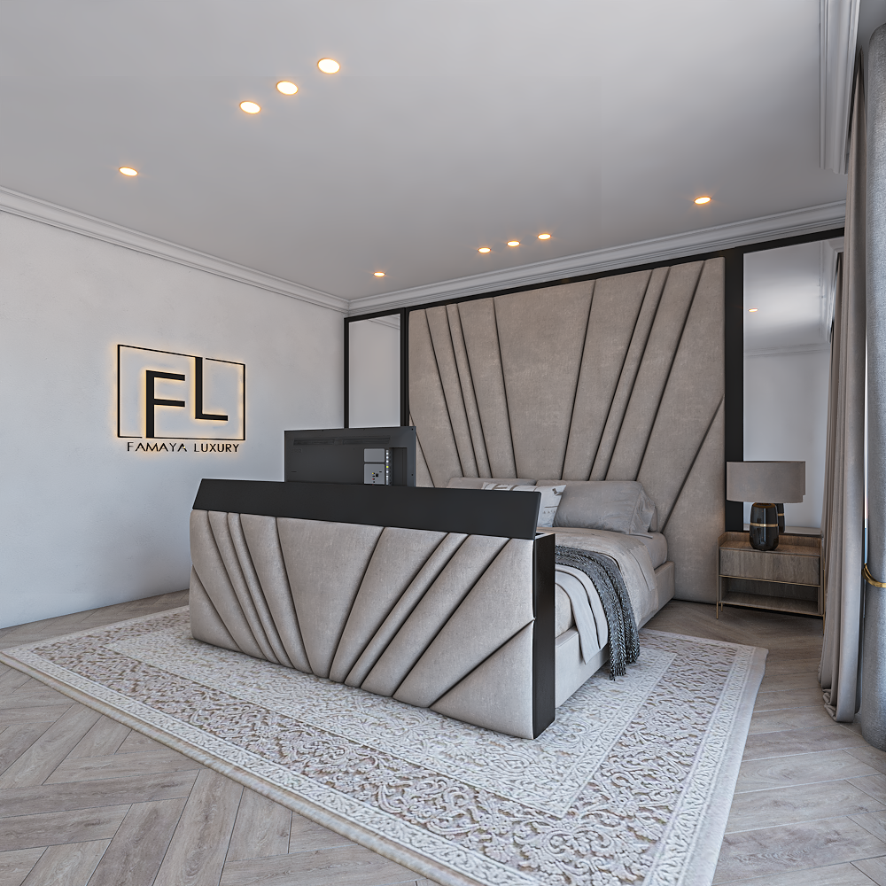 A modern bedroom interior design showcases a custom-designed Celestial Wall Panel Tv Foot end bed with a built-in TV.