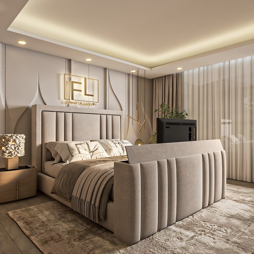 Luxurious bedroom with an upholstered Dorchester tv bed frame, gold sign, and ambient lighting.